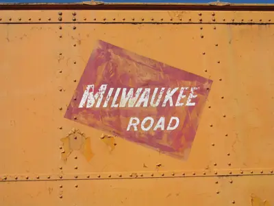 Close up of the Milwaukee Road logo on Milwaukee Road refrigerated boxcar #38794 at the NNYCRRM