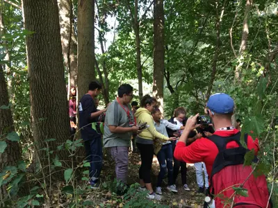 Class cutting down honeysuckle at EEC field trip