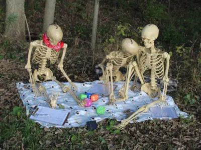 Skeleton decorations playing Yahtzee at Haunted Walk event