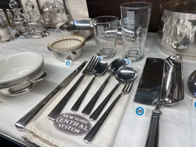 Silverware from the famous 20th Century Limited passenger train on display at the National New York Central Railroad Museum