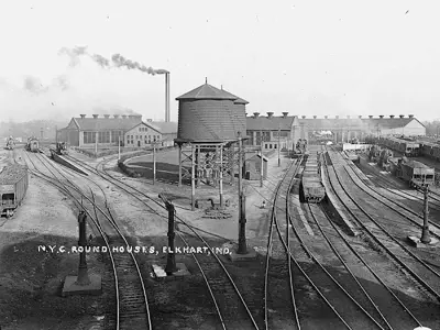 A photo of the New York Central roundhouses in Elkhart, IN, formerly located near the corner of Sixth Street and Wagner Avenue. 